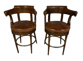 Lovely Pair Of Leather Swivel Bar Stools With Elephant  Accents