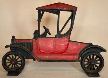 Vintage Cast Iron Doorstop - Antique Red & Black Model T Coupe Car - 10.5 X 7 H