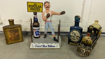 Decanters And Metal Pabst Blue Ribbon Decor