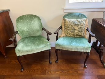 Pair Of Vintage Arm Chairs & Fringed Pillow