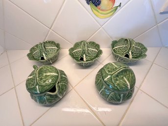 Majolica Cabbage Pattern 1 Set Cream & Sugar, 3 Condiment Covered Jars, Very Good Condition