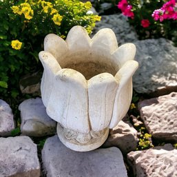 Vintage Cast Cement Painted White Open Lotus Planter