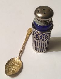 Sterling Gold Wash Freeport Demi-tasse Spoon & Cobalt Salt Shaker