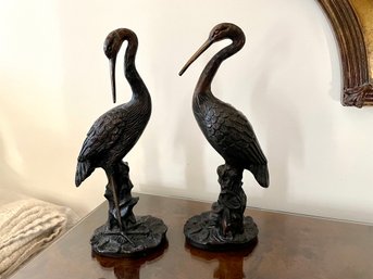 Pair Of Bronze Crane Figures