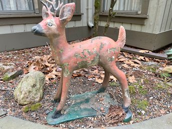 A Fun Vintage Paint Decorated Cement Outdoor Deer Sculpture