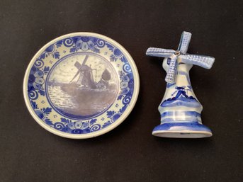 Two Pieces, Delft Ware Plate And Windmill