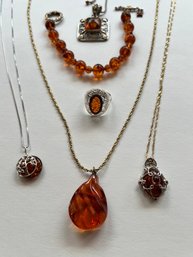 Amber With Sterling And Accented With Goldtone, Pendants, Bracelet, Drops, And Ring