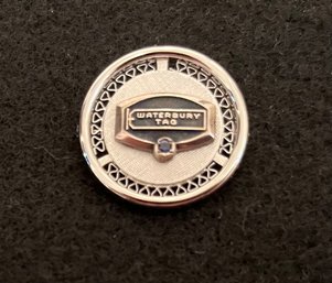 Vintage Waterbury Tag Sterling Silver Employee Service Award Brooch Pin Blue Stone - 1 Inch In Diameter - CT
