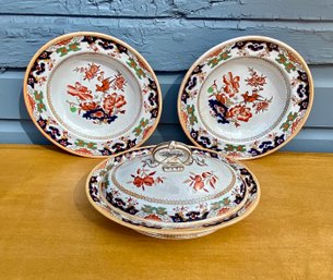 Two Antique Minton Imari Style Soup Bowls And Tureen