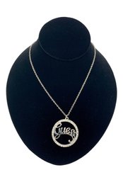 Silver Tone Guess Pendant Necklace With Rhinestones