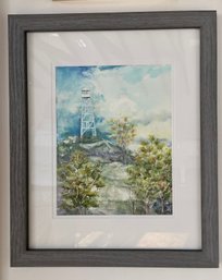 Adirondacks Fire Tower Watercolor Painting, Signed Carol Kelly, Local Artist , Framed And Matted 18.5x22.5in.