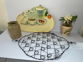 1970s Paper Mache And Wood Tromp L'Oiel Breakfast Tea Tray - Wire Memento/ Card  Holder - Stoneware Pot