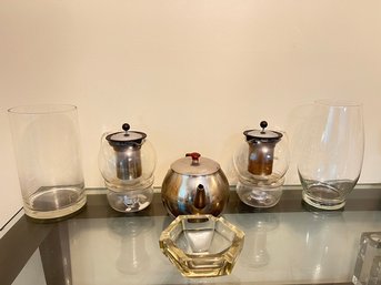 French Brew Coffee Or Tea Pot On Stand, With Bakat Stainless Tea Kettle, And Vases