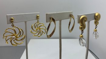 Three Pairs Of Vintage Gold Plated Fashion Earrings