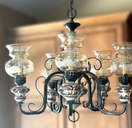 Six Light Etched Glass & Painted Porcelain Chandelier