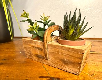 Antique Wood Basket With Faux Potted Succulents -1/2