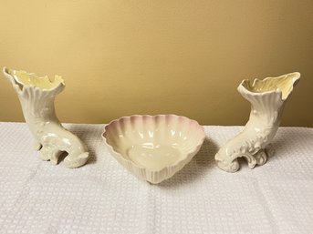 Belleek Cornucopia  Pair, With Heart Candy Dish