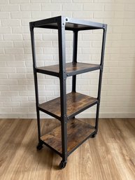 Metal Rolling Cart With Tiered Woodgrain Finish Shelves