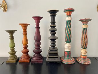 Six Tall Wood Pillar Candle Holders