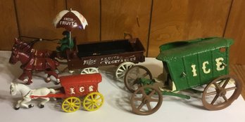 Trio Of Metal Horse & Buggy Toys, Fruit, Vegetable & Ice