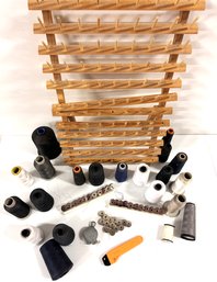 Lots Of Tailoring Supplies Incl. Wooden Spool Rack, Spools Of Thread, Magnetic Bobbin Holder & Bobbins, More