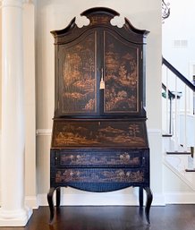 Amazing Black Laquered Chinoiserie Hand Painted Secretary