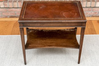 Handsome Two Tiered Leather Top Side Table
