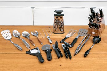Collection Of 14 Pieces Of Kitchen Wares With Set Of Knives, As-Is