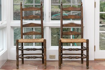 Antique Set Of 4 Of Carved Ladder Back Side Chairs With Rush Seats