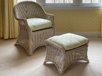 Vintage Wicker Armchair With Ottoman And Upholstered Cushions