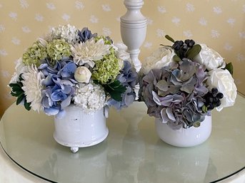 Two White Glazed Planters With Beautiful Faux Floral Bouquets
