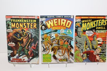 3 Vintage Marvel Monster Comics - Frankenstein #11 - Weird Wonder Tales #2- Where Monsters Dwell #24