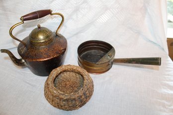 Copper Kettle - Woven Basket - Vintage Saucepan