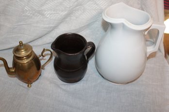 3 Unique Pitchers - Brass From Europe - Ironstone From England - Brown Glaze Stoneware