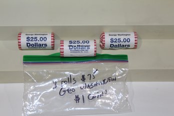 3 Rolls Uncirculated George Washington Dollars - $75 Face