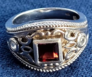 Wonderful Bohemian Design Sterling Silver Ring With Garnet Center