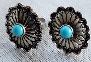 Vintage Southwestern Sterling Silver Concho Style Pierced Earrings With Turquoise