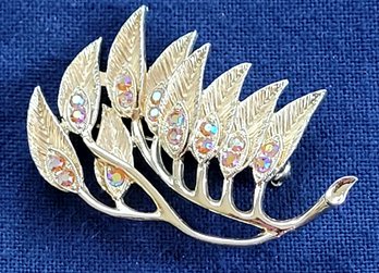 Vintage Aurora Borealis Crystals Leaf In The Wind Brooch