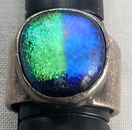 Chunky Vintage Sterling Silver Band Ring With Oval Dichroic Glass Cabochon