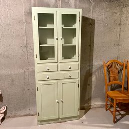 Antique Wood Cabinet In Pale Green Paint With Original Porcelain Knobs