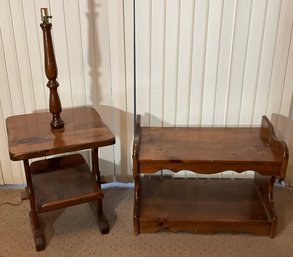 Vintage Dark Pine Shelf Table & Table Lamp