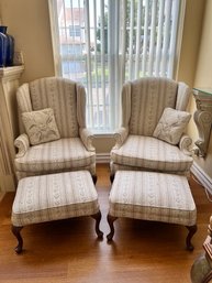 Pair Of Fabric Wing Back Chairs W/ Matching Stools