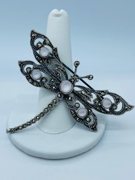 Beautiful Sterling Silver Mother Of Pearl & Marcasite Dragonfly Brooch Pin