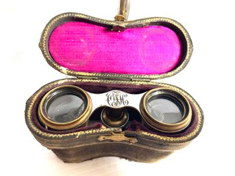 1902 Mother Of Pearl Opera Glasses In Leather Case - Buckingham Palace Burlap Bag