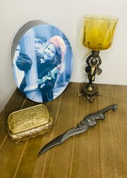 Cherub Holding Amber Glass, Cast Iron Giraffe Letter Opener And More