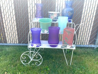 White Painted Metal Garden Flower Cart With Glass And Ceramic Pots / Vases