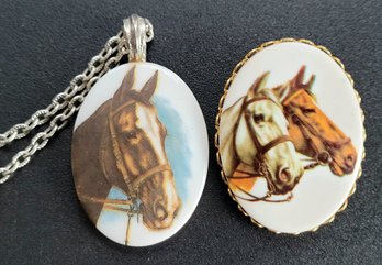 Pretty Vintage Horse Head Jewelry Lot - Pendant And Brooch