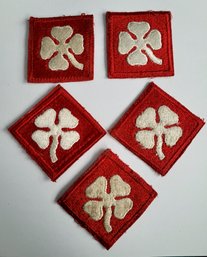 Lot Of 5 WW2 4th Army Division Red Clover Leaf Vintage Patches