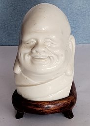 Small White Vintage Ceramic Buddha Head On A Wooden Display Base