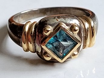 Lovely Blue Topaz Sterling Silver And 14k Gold Band Ring